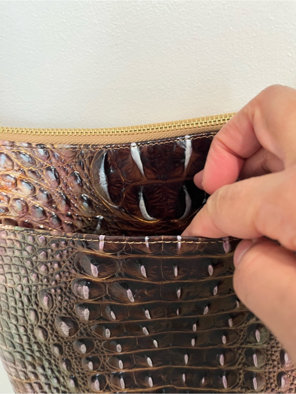 Brahmin Brown & Green Iridescent Croc-Embossed Leather Crossbody Katie‎ Bag - Picture 12 of 14